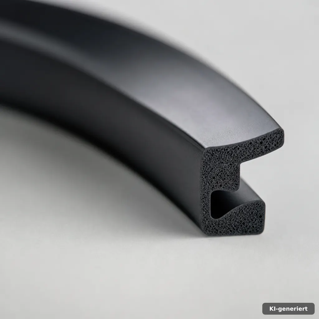 Macro photograph of a precise FKM gasket cross-section on a clean workbench, soft diffused studio lighting, minimal indu