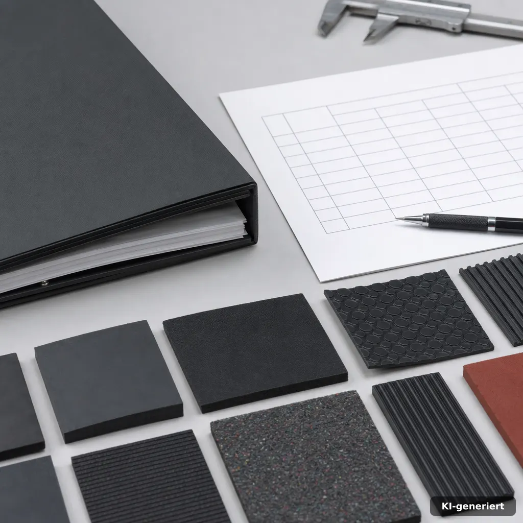 Engineering workspace with a closed binder and a blank printed beständigkeits table grid, macro texture of rubber sheet