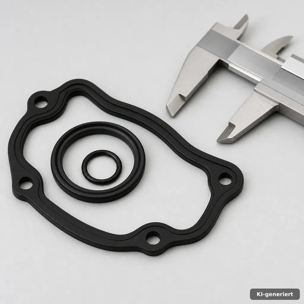Minimalist macro product photo of a neatly machined rubber gasket set on a light gray background, calibrated caliper nea