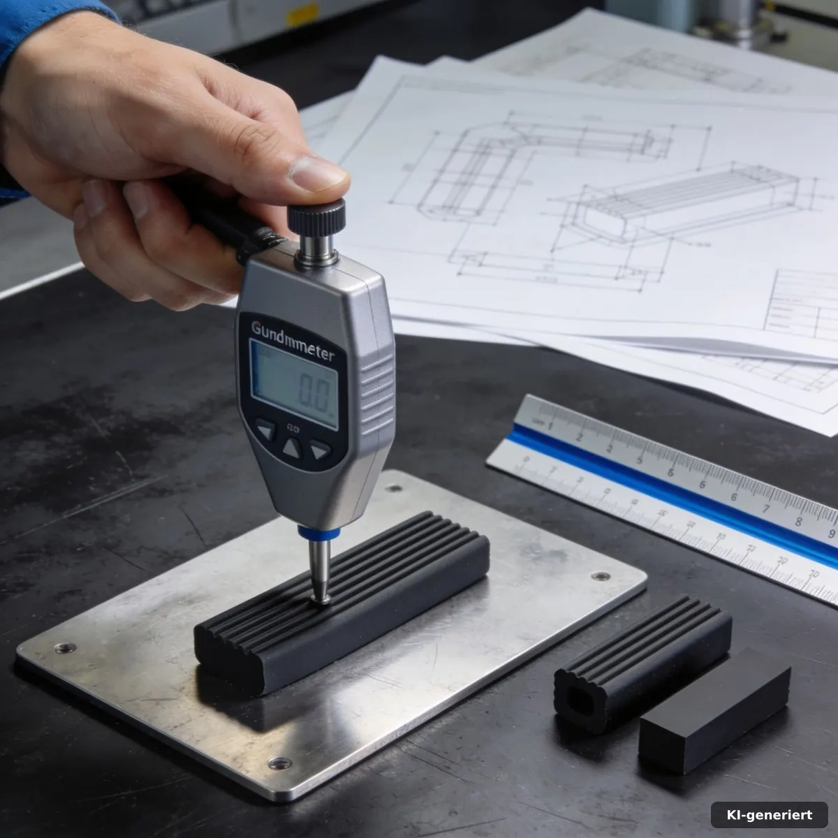 Härteprüfung eines Gummiprofilms mit einem Durometer auf einer Prüfplatte