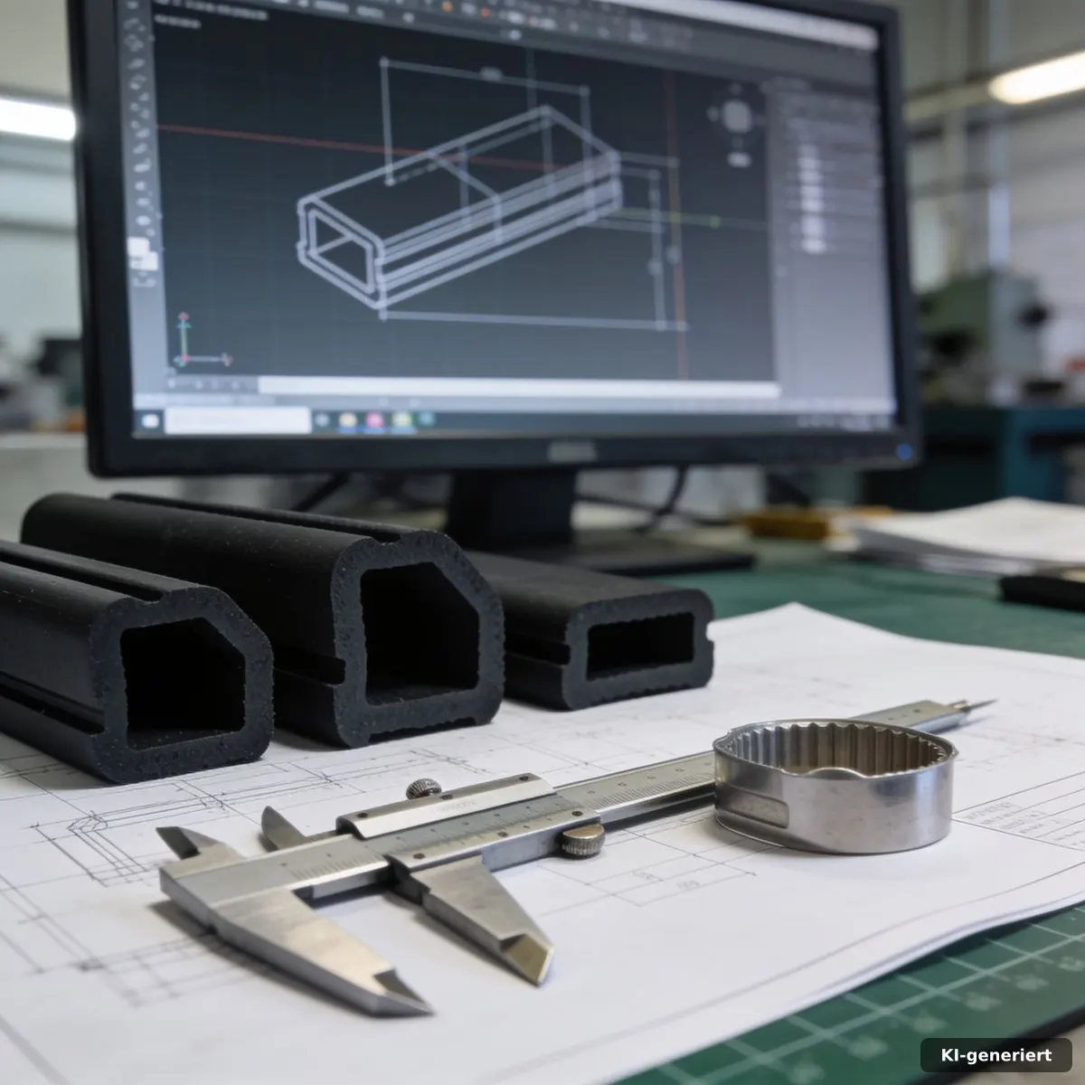 Verschiedene Profilquerschnitte neben CAD-Geometrie und Präzisionsmesswerkzeugen