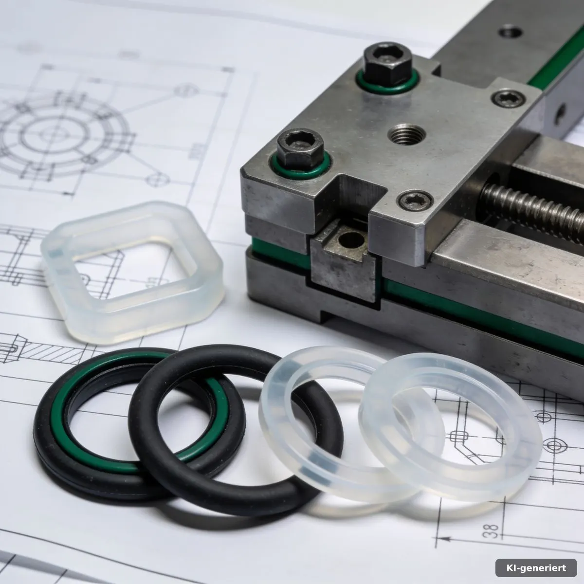 Gummi- und Silikonteile neben technischen Unterlagen und einer Metallvorrichtung