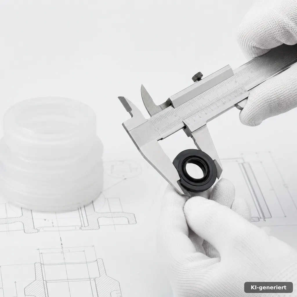 Messung einer Gummidichtung neben einem transparenten Silikonbauteil und technischen Linienzeichnungen