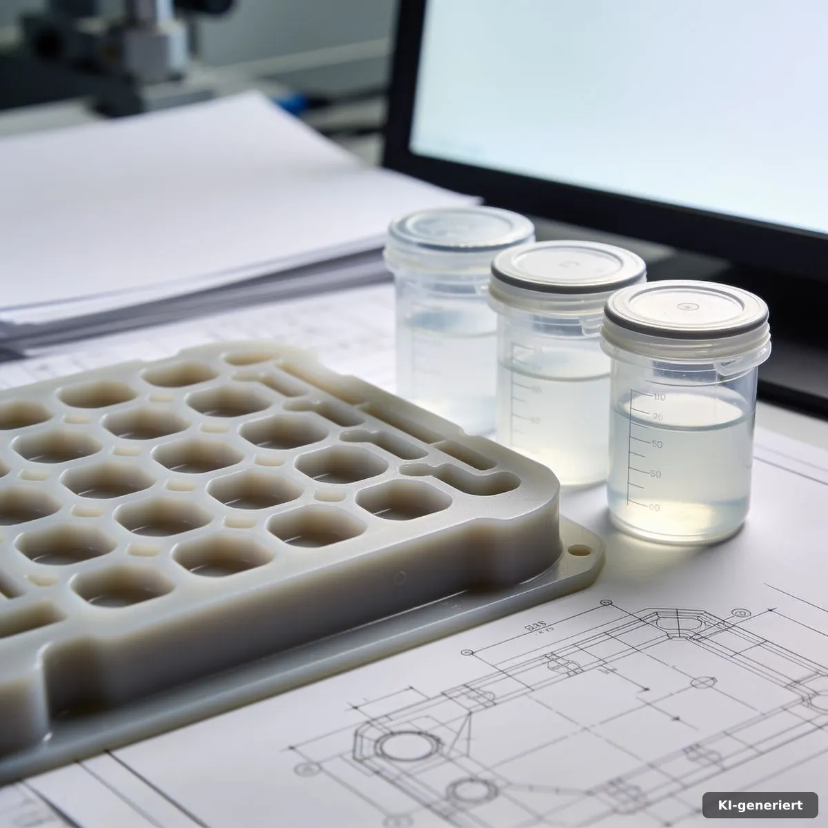Silikonprobe neben geschlossenen Prüfgefäßen zur Bewertung der Medienbeständigkeit